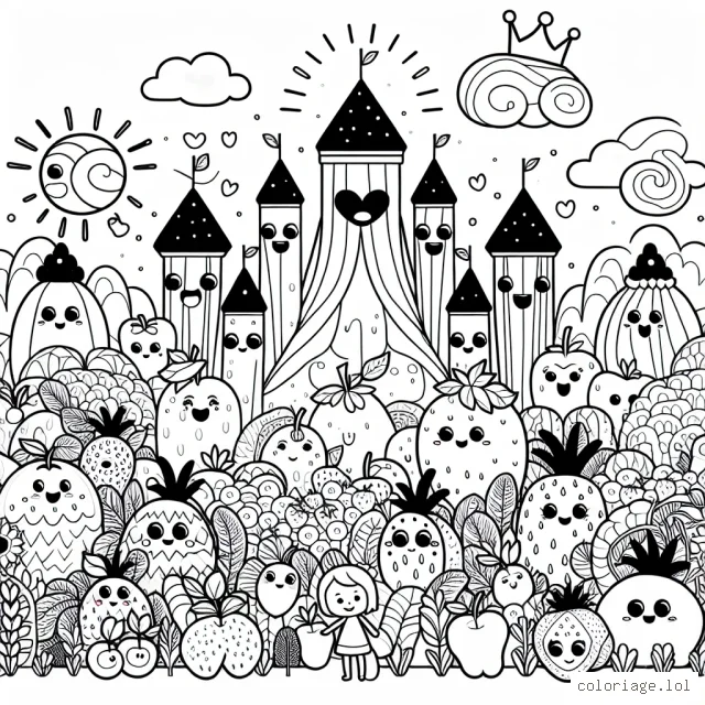 Imagine et colore un monde fantastique où les fruits et légumes ont des visages et vie dans une immense verger magique.