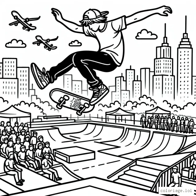 Dessinez un planchiste en pleine action dans un parc de skate, avec différentes figures extrêmes telles que le saut à grande vitesse et le flip sur la rampe. N'oubliez pas de colorier le paysage environnant fait de spectateurs éblouis et gratte-ciel.