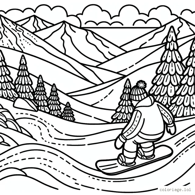 Un snowboarder qui descend une grande piste de montagne avec des arbres et des rochers autour.