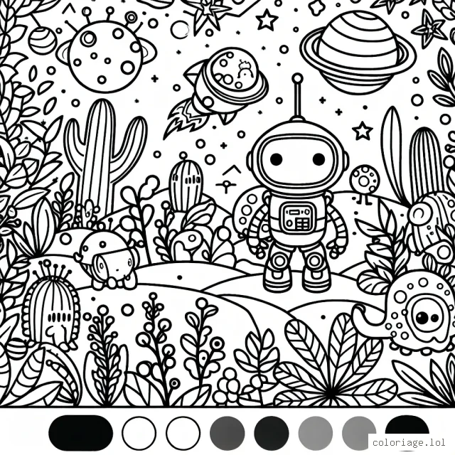 Un petit robot curieux explorant une planète pleine de plantes extraterrestres colorées et de créatures amicales.