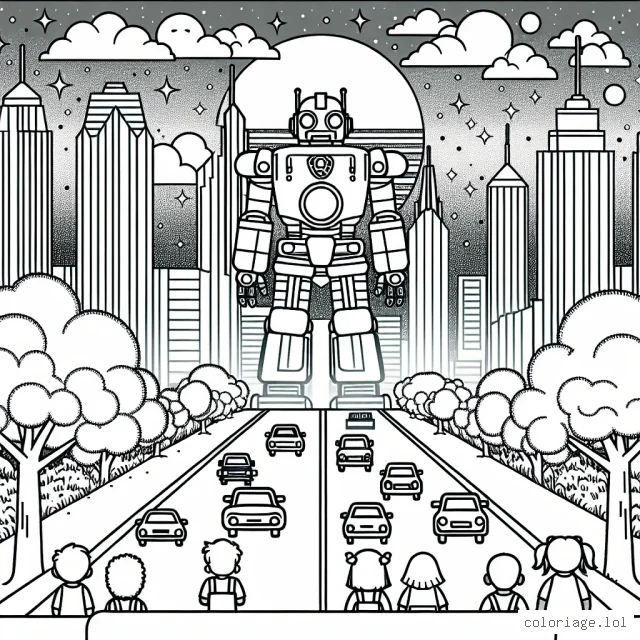 Imagine un grand robot protecteur de la ville étincelante au coucher du soleil avec des nuages flottants autour. Il y a également des arbres et des voitures qui se promènent sous lui. Sur le côté, des petits enfants qui gratuitement le regardent en admiration.