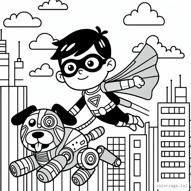 Un petit garçon super-héros volant au-dessus de la ville avec son chien robot