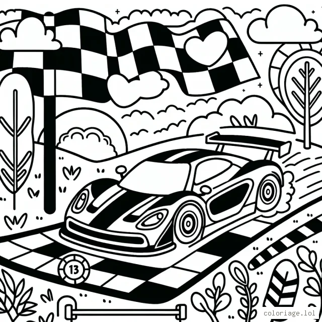 Imagine une voiture de course roulant à pleine vitesse sur une piste, avec le drapeau à damier en fond. Des éléments de paysage comme les arbres et le ciel sont également présents autour.