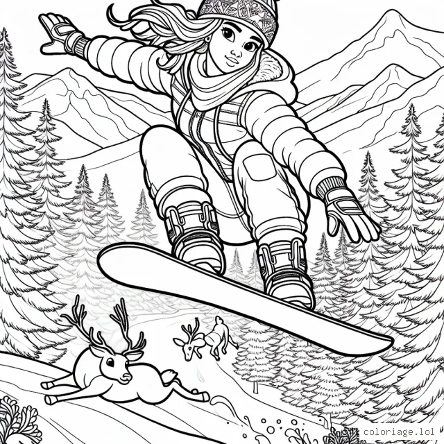 Un dessin détaillé montrant un athlète effectuant un saut sur un snowboard dans un environnement montagneux extrême, avec des cerfs et des arbres en arrière-plan.