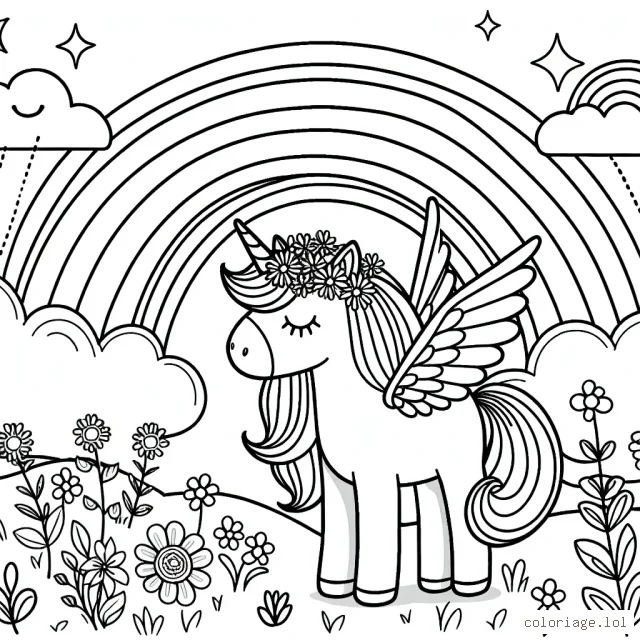 Un paysage féerique où une licorne ailée se tient à côté d'un arc-en-ciel avec des fleurs multicolores tout autour