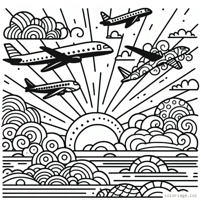 Il y a quatre avions différents dans le ciel, chacun avec des motifs uniques. Visuellement, c'est une scène dynamique avec beaucoup de détails à colorer. Le soleil se couche à l'horizon, créant un beau contraste entre le ciel et les avions.