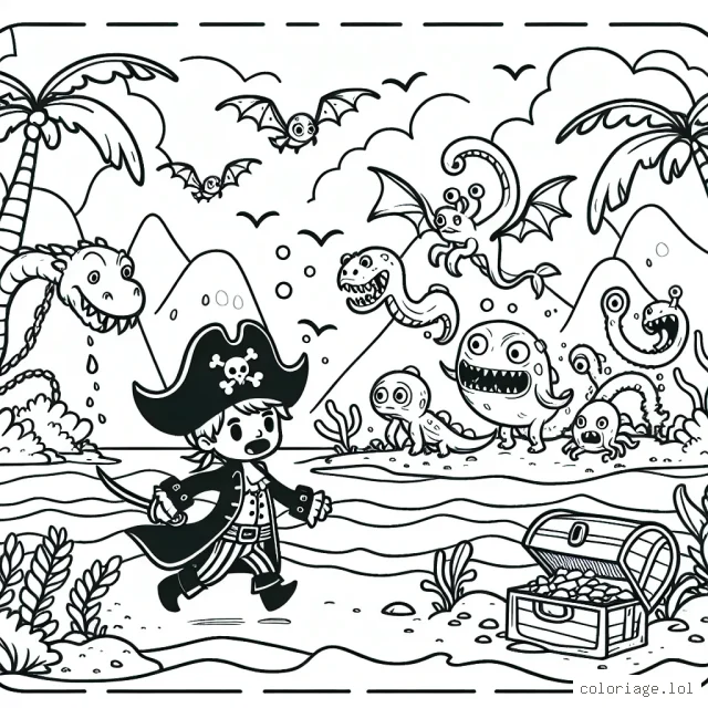 Un audacieux pirate explorant une île mystérieuse peuplée de créatures incroyables pour trouver un trésor perdu.