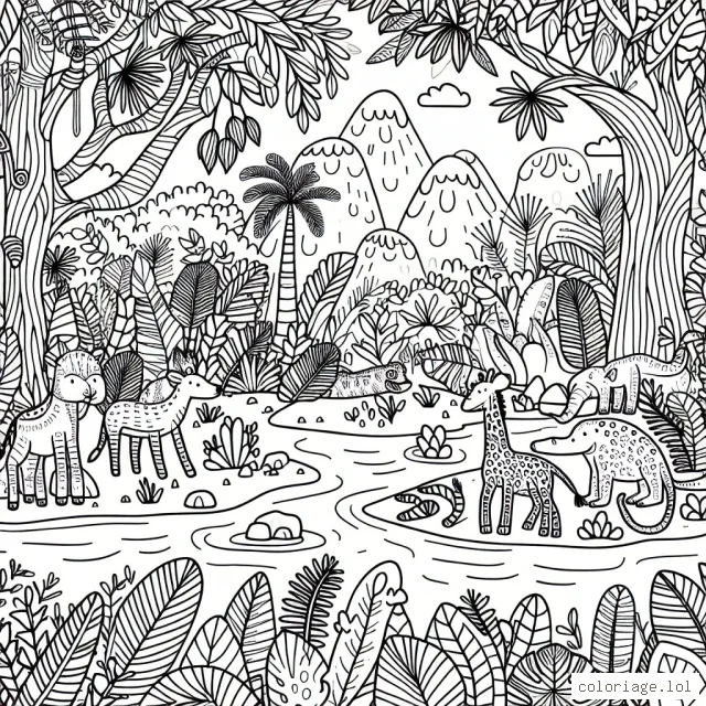 Une jungle enchantée peuplée d'animaux exotiques et de plantes exubérantes