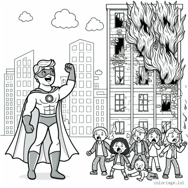 Ton mission spéciale en tant que super héros est de sauver la ville! Sur cette image tu y trouves un super héros aux pouvoirs incroyables prêt à voler au secours la ville, un grand immeuble en flammes et plusieurs personnes effrayées qui ont besoin de ton aide. Peux-tu colorer ce super héro, l'immeuble en feu et les citoyens en détresse?