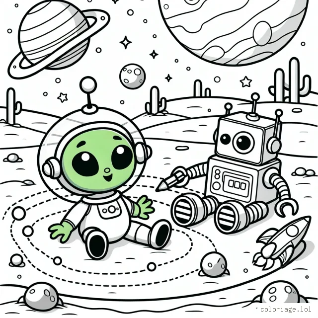 Un adorable petit extraterrestre vert joue avec un robot dans un parc d'attractions sur Mars.