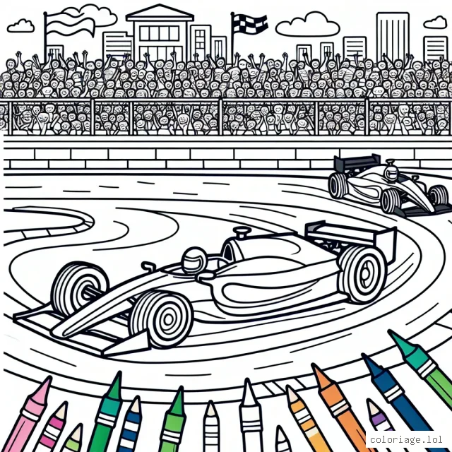 Une journée passionnante sur le circuit de course ! Dessine et colore les voitures de course qui zooment autour de la piste. N'oublie pas de colorier les tribunes pleines de spectateurs.