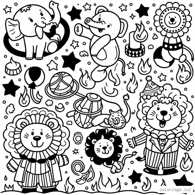 Un cirque aux multiples formes et couleurs, peuplé d'animaux drôles et joyeux, avec un éléphant sur un ballon en équilibre, un lion rigolo sous un cerceau enflammé et un clown toujours souriant, jonglant avec des anneaux multicolores.