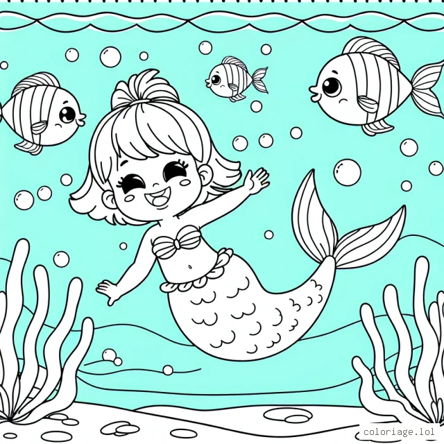 Petite sirène nageant joyeusement avec ses amis poissons dans l'océan bleu
