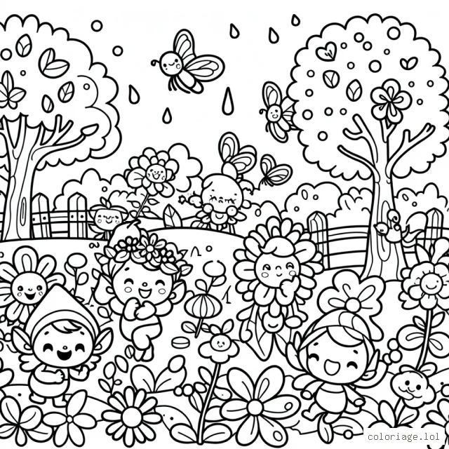Un jardin enchanté peuplé de farfadets joyeux, de fleurs parlantes et d'arbres souriants