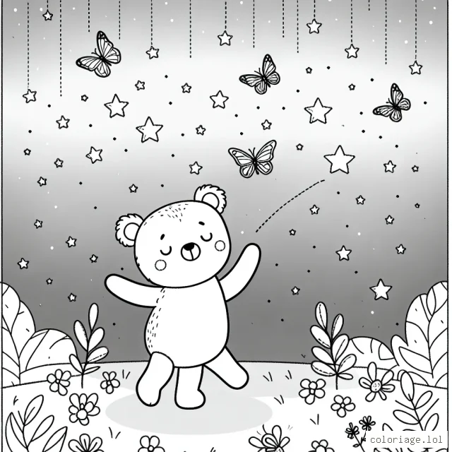 Dessinez un ourson dansant sous une pluie d'étoiles filantes avec des papillons lumineux.