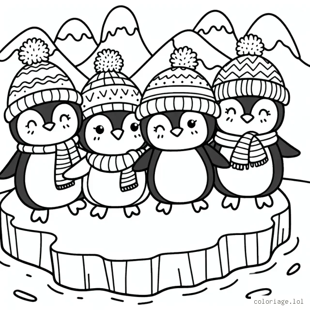 Un groupe de pingouins qui jouent sur une banquise avec de jolis bonnets et écharpes multicolores