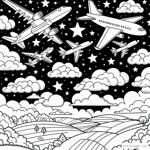 Dans le ciel étoilé, plusieurs avions survolent de magnifiques paysages. Chaque avion possède des caractéristiques uniques : l’un est un avion de chasse, l'autre un avion commercial, un autre encore est un avion à hélice. Vous pouvez également apercevoir des nuages de formes amusantes et variées qui traversent le ciel. Fais appel à ton imagination pour donner des couleurs vives à ce tableau aérien!