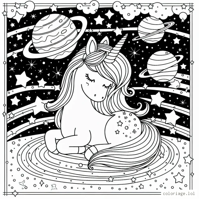 Créez un coloriage pour enfant avec des licornes dans l'espace, entourées d'étoiles scintillantes et de planètes colorées.