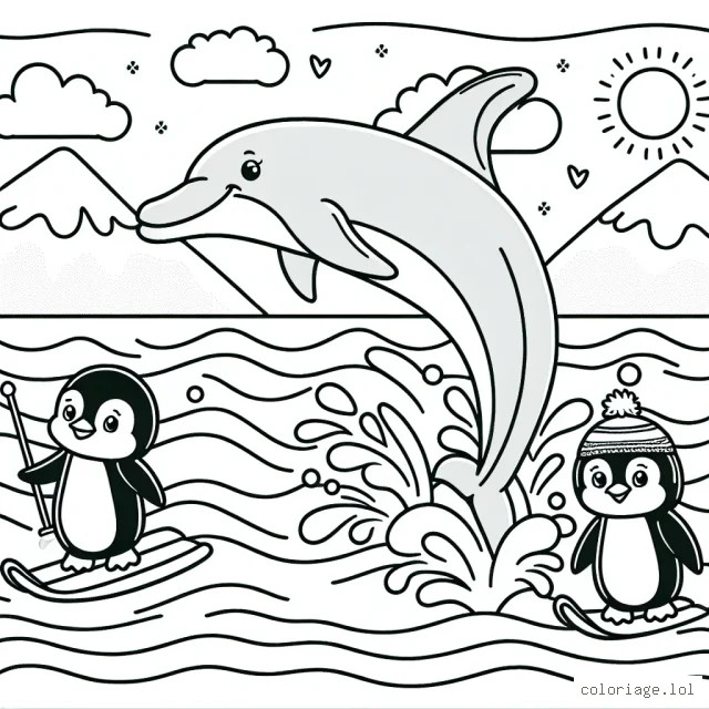 Un dauphin faisant du ski sur les vagues de l'océan avec des pingouins en tenue de plage