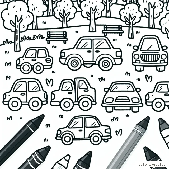 Scène du parc automobile avec une variété de voitures à colorier