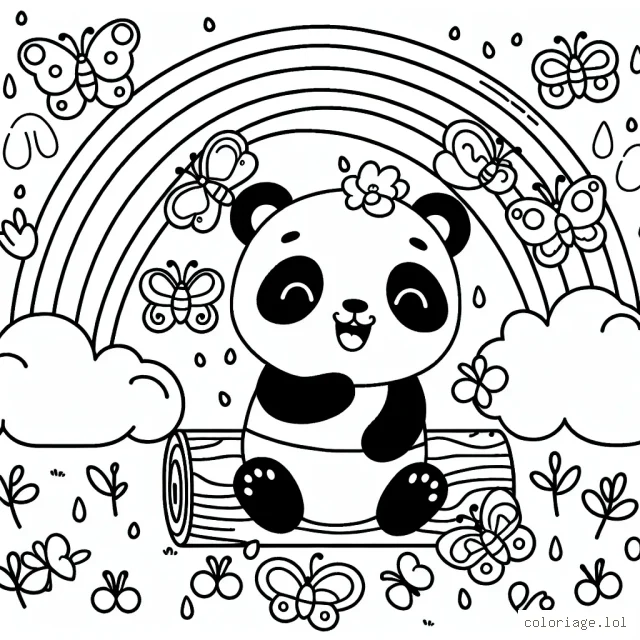 Un joyeux panda qui joue avec une bande de papillons colorés sous un grand arc-en-ciel