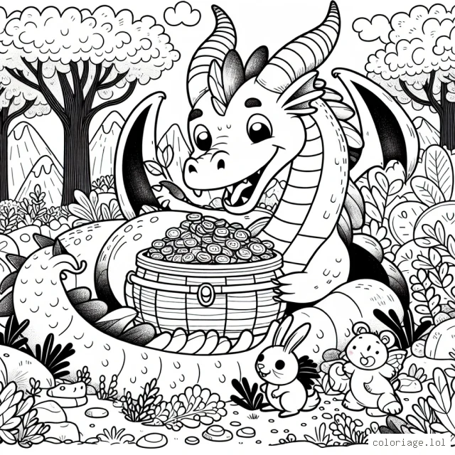 Un grand dragon amical et joyeux partageant son trésor avec ses amis les animaux de la forêt