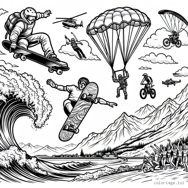 Imaginez une scène bourrée d'action avec différents sports extrêmes pratiqués simultanément. On y trouve un skateur réalisant une figure aérienne impressionnante, une personne faisant du jet ski avec des vagues gigantesques, un parachutiste descend en spirale du ciel et un cycliste en montagne en train de descendre une pente raide. Des supporters passionnés sont également présents pour ajouter une touche festive à la scène.
