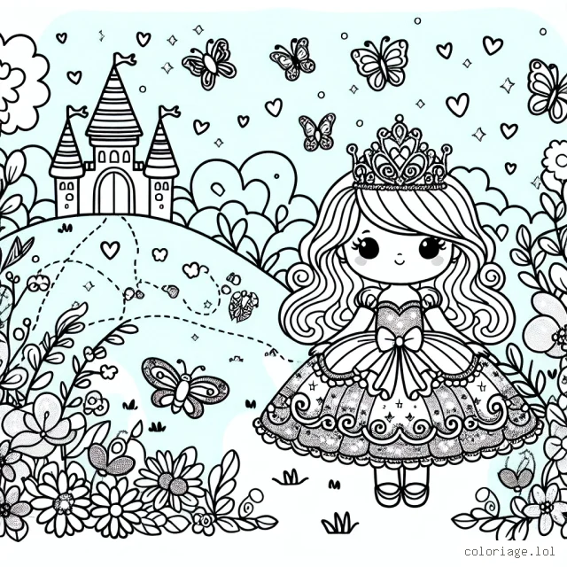 Une petite princesse coquette, portant une robe volante miroitante et une couronne éblouissante, se trouve au milieu de son jardin enchanté, rempli de papillons colorés, de fleurs brillantes et d'un château en arrière-plan.