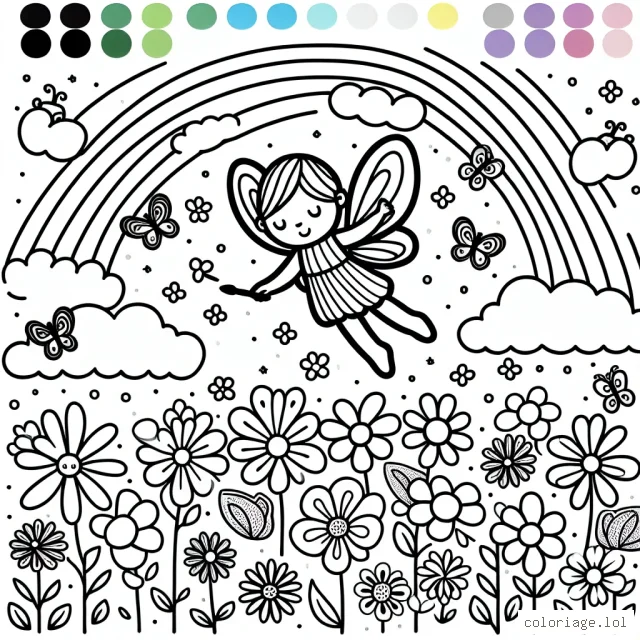 Une fée volant au-dessus d'un champ de fleurs multicolores avec des papillons et des arc-en-ciel