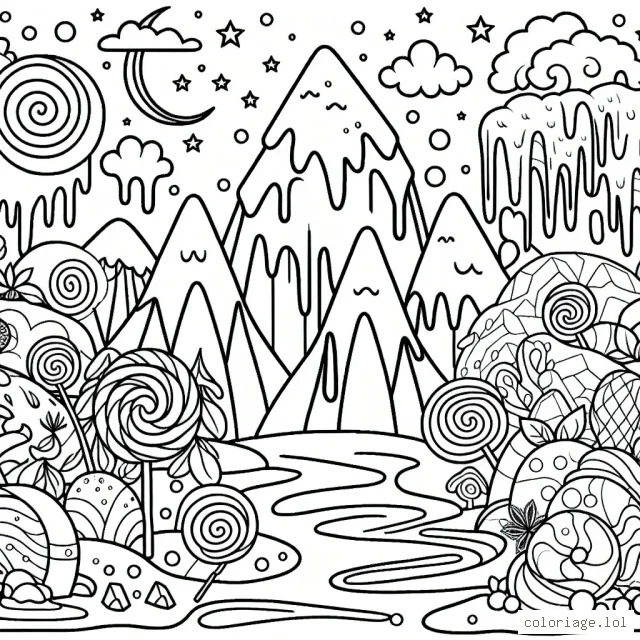 Imagine un paysage fantastique où les montagnes sont faites de glace, les rivières sont de la limonade et les arbres sont des sucettes. Peux-tu apporter de la couleur à ce monde merveilleusement fou ?