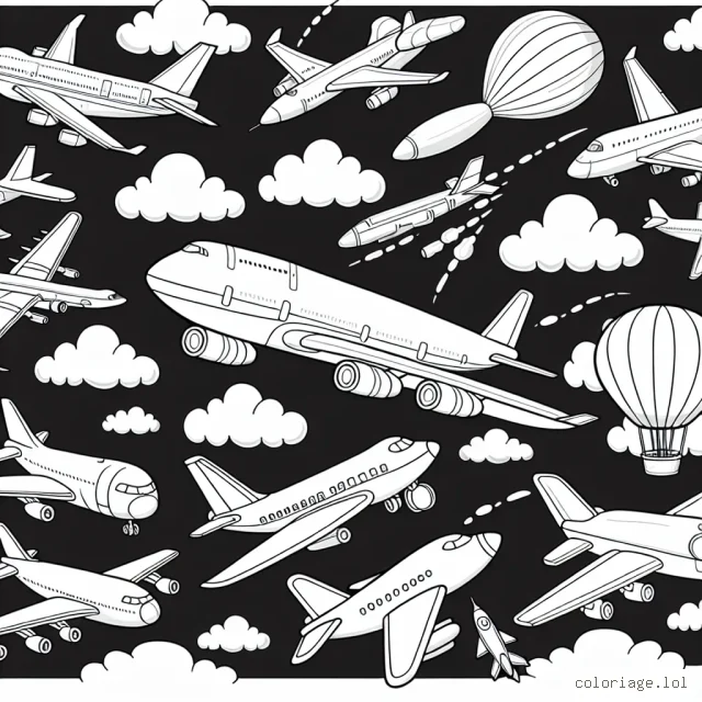 Imagine une scène aérienne animée de plusieurs types d'avions qui volent dans le ciel. Il y a des avions de ligne, des avions de chasse et même un dirigeable. N'oublie pas de dessiner des nuages dans le ciel, peut-être même un arc-en-ciel.
