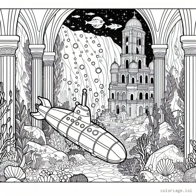 Explore les profondeurs de l'océan avec ce dessin formidable d'un sous-marin explorant une cité maritime abandonnée. Place à toute ton imagination pour donner vie à ce monde subaquatique !