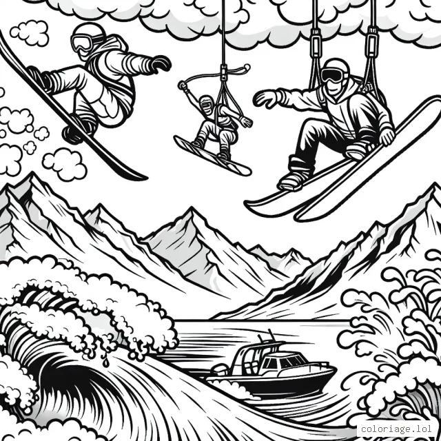 Imagine des athlètes audacieux faisant du snowboard dans les montagnes, du surf sur des vagues géantes et du saut à l'élastique depuis un pont. Arrange les en une scène dynamique et haute en couleur.