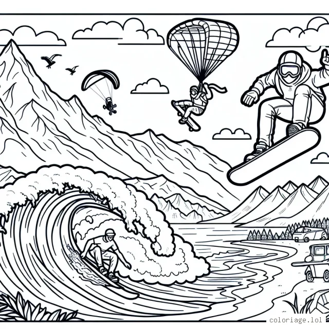 Imagine un dessin montrant un snowboarder en plein saut au-dessus des sommets des montagnes, accompagné d'un surfeur chevauchant une grande vague dans l'océan. Entre-ci, un skateur fait des figures impressionnantes dans un skate park. En fond, un parapentiste vole dans le ciel azur.