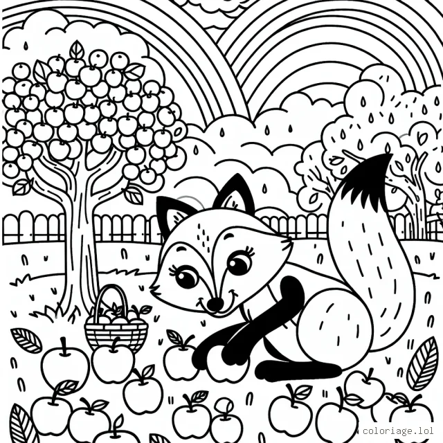 Un renard malicieux en train de cueillir des pommes dans un verger d'automne sous un arc-en-ciel ciel