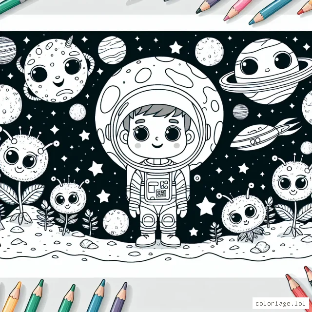 Sur cette page, notre jeune explorateur a découvert une toute nouvelle planète! C'est une scène incroyablement détaillée pleine d'aliens amicaux, de plantes extraterrestres et d'engins spatiaux à colorier.