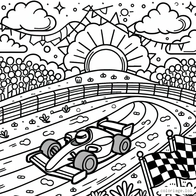 Imagine une voiture de course rapide filant sur une piste avec des spectateurs en arrière-plan. Il y a également des drapeaux de course autour de la piste, des panneaux publicitaires et un ciel lumineux éclaté de nuages.