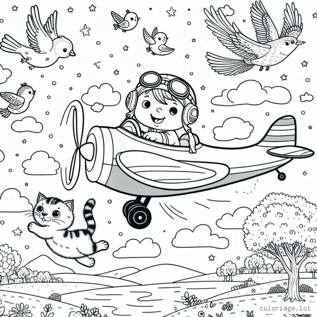 Un avion survole un paysage serein, avec à bord un petit garçon qui pilote, entouré de son animal de compagnie - un chat coquin. De plus, il y a des passagers spéciaux à bord : une variété d'oiseaux colorés qui volent avec l'avion. Dessine ce mélange incroyable de joie enfantine et de la faune volante !