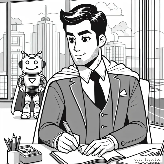 Un super agent secret est prêt à sauver le monde ! Il élabore un plan audacieux dans son quartier général high-tech, tandis que son gadget-soignant de robot lui apporte des outils ingénieux. À la droite, on peut voir une grande fenêtre qui donne sur la ville qu'il jure de sauver.