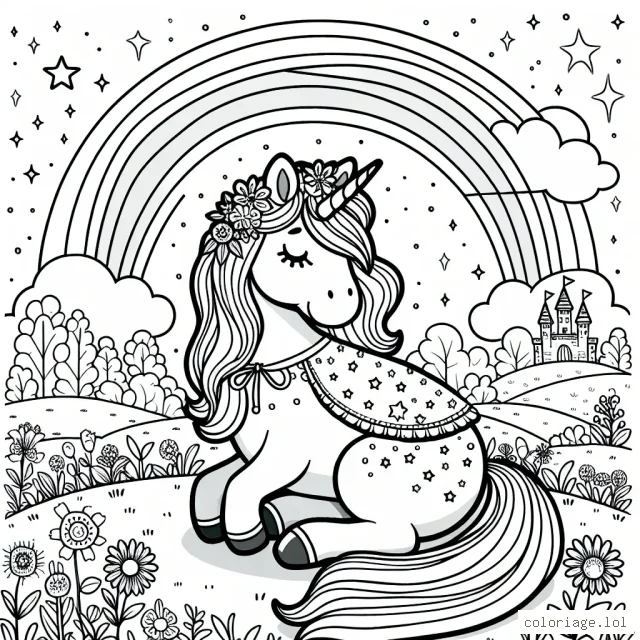 Une licorne à l'air doux et rêveur est assise dans une clairière sous un arc-en-ciel coloré. Des fleurs poussent tout autour d'elle, et un château de fées est visible au loin. Elle porte une belle cape étoilée.