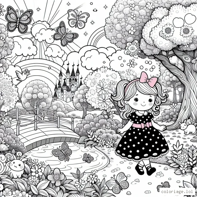 Sur une belle journée de printemps, une petite fille nommée Léa se promène dans un jardin enchanté. Elle portent une robe à pois avec un nœud rose dans les cheveux. Dans le jardin, il y a toutes sortes d'animaux fantastiques : des papillons scintillants, des oiseaux arc-en-ciel, des lapins aux longues oreilles. Les arbres sont grands avec des fleurs de toutes les couleurs. Il y a également une rivière claire qui traverse le jardin avec un petit pont en arc-en-ciel que Léa traverse. Dans le ciel, il y a un soleil d'or rayonnant derrière un nuage de barbe à papa. Enfin, elle voit au lointain un magnifique château de rêve.