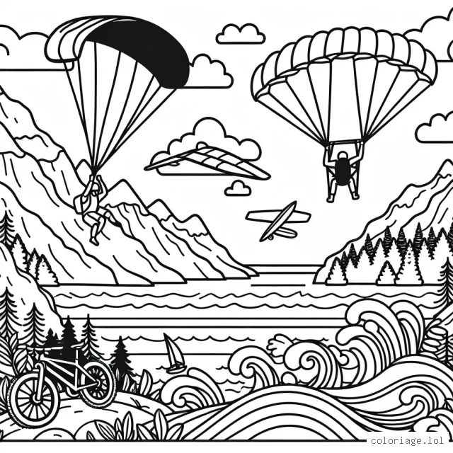 Imagine un coloriage mettant en scène un saut en parachute au-dessus de paysages montagneux, une descente en VTT à travers une forêt dense et une session de surf sur des vagues déchaînées.