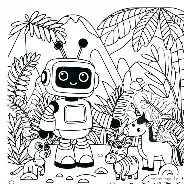 Dessinez une scène où un gentil robot explore une jungle tropicale en compagnie d'animaux exotiques