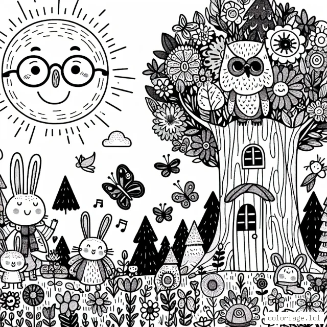 Imaginez un soleil souriant qui donne vie à une forêt enchantée. La forêt est habitée par des créatures merveilleuses comme des lapins qui portent des chapeaux, des papillons qui jouent de la musique et des fleurs qui dansent au rythme du vent. Au milieu de la forêt, il y a un arbre géant avec une porte et des fenêtres, c'est la maison d'un généreux vieil hibou portant des lunettes et aimant lire des livres en bois.
