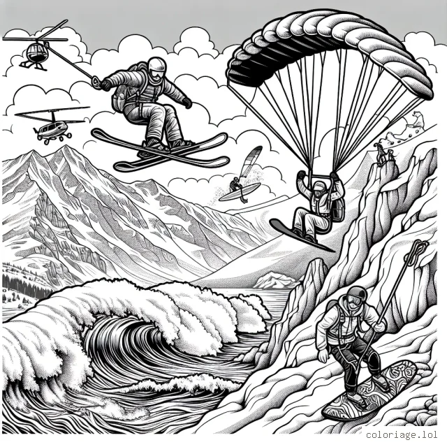 Un athlète au sommet d'une montagne s'apprête à faire du ski extrême sur une piste enneigée pleine d'obstacles, pendant qu'un autre parachutiste décolle d'une falaise à proximité. Un surfeur tente une manœuvre audacieuse sur une énorme vague dans l'océan en arrière-plan, tandis qu'un grimpeur est suspendu à une crête rocheuse. Dessina cela en utilisant tes couleurs préférées !