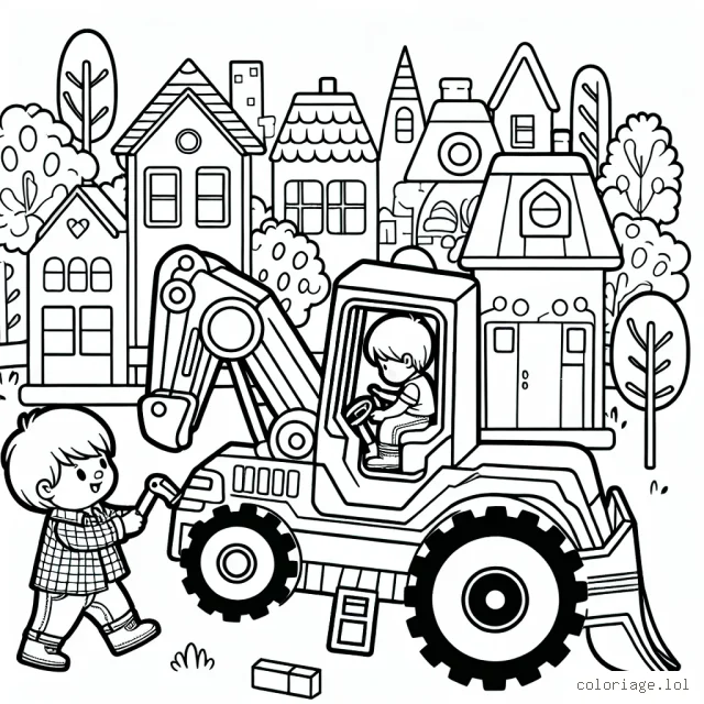 Un petit garçon conduisant un engin de construction géant dans une ville de jouets.