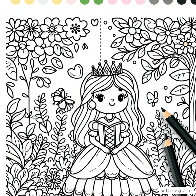 Une princesse dans un jardin féerique à colorier