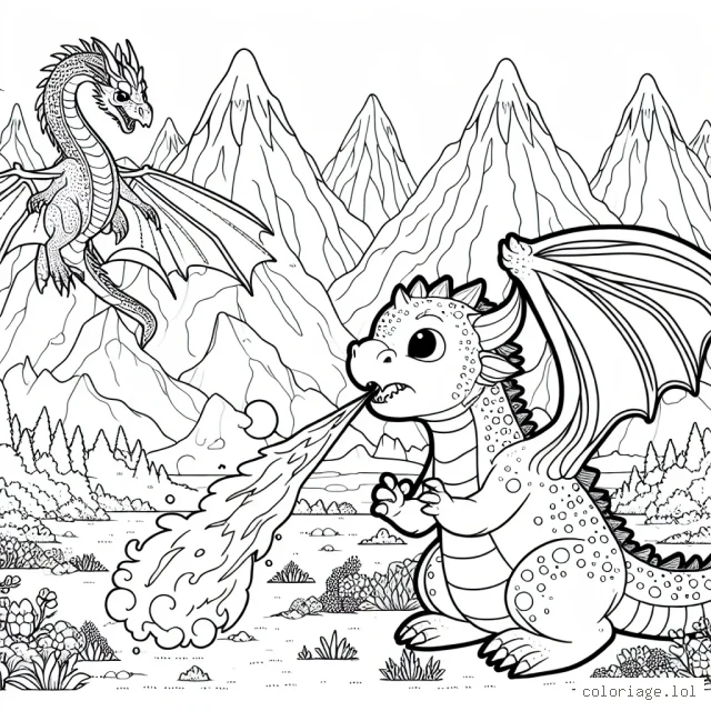 Un jeune dragon apprend à cracher du feu sous la supervision de son dragon de papa dans un paysage montagneux peuplé de créatures fantastiques.