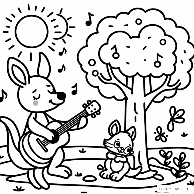 Un kangourou en train de jouer de la guitare près d'un arbre ensoleillé tout en chantant
