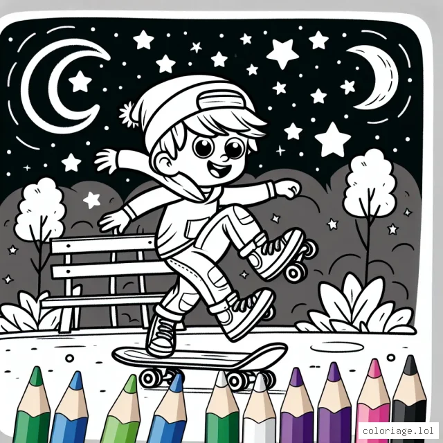 Un aventurier en pleine action faisant du skateboard dans un parc, sous un ciel étoilé